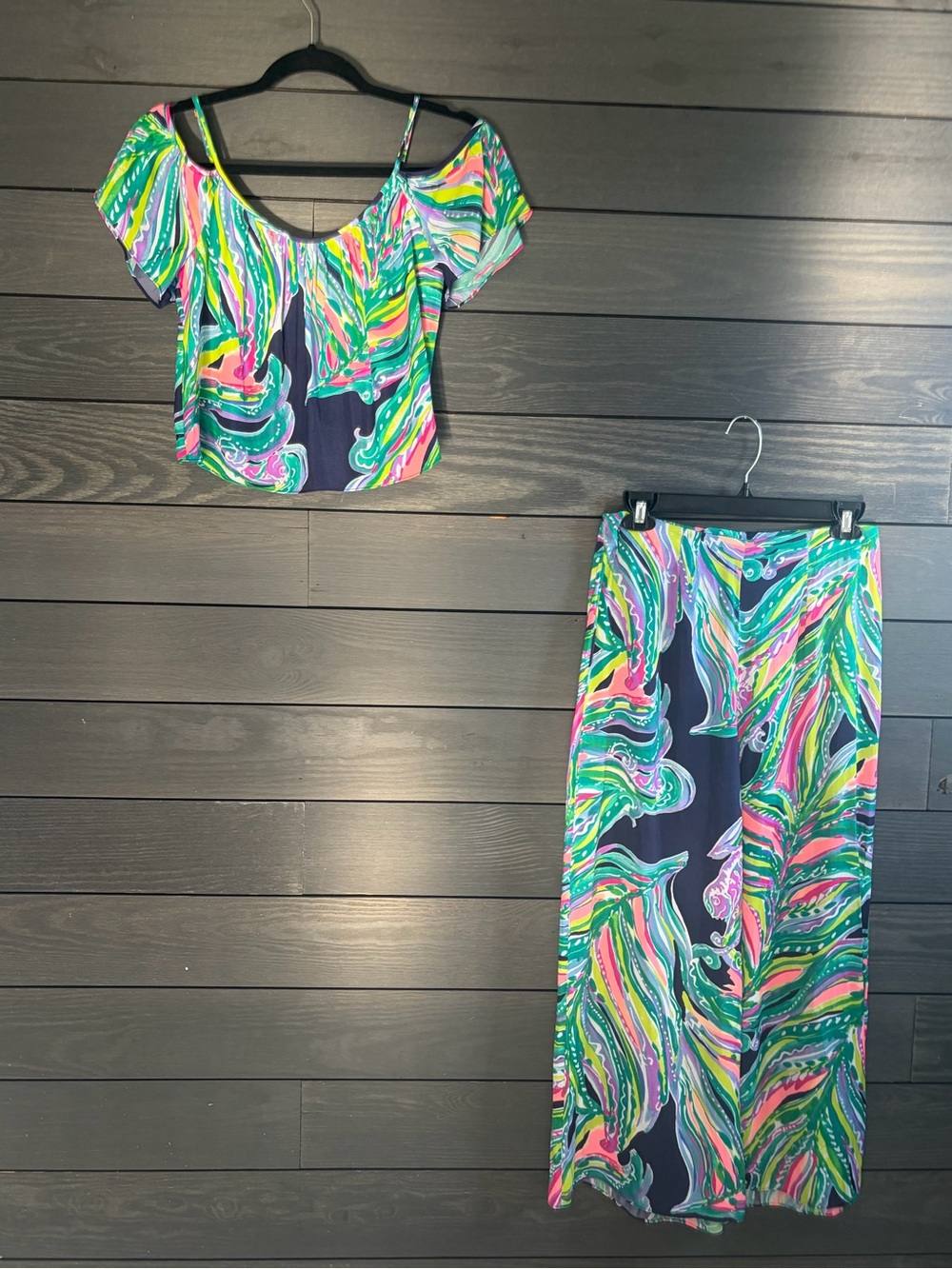 Lilly Pulitzer Navy Maxi Skirt with Green & Pink Palm Print